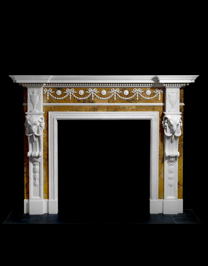 A GEORGE III STATUARY AND SIENNA MARBLE CHIMNEY PIECE BY JOSEPH WILTON AND DESIGNED BY JOSEPH BONOMI | MasterArt